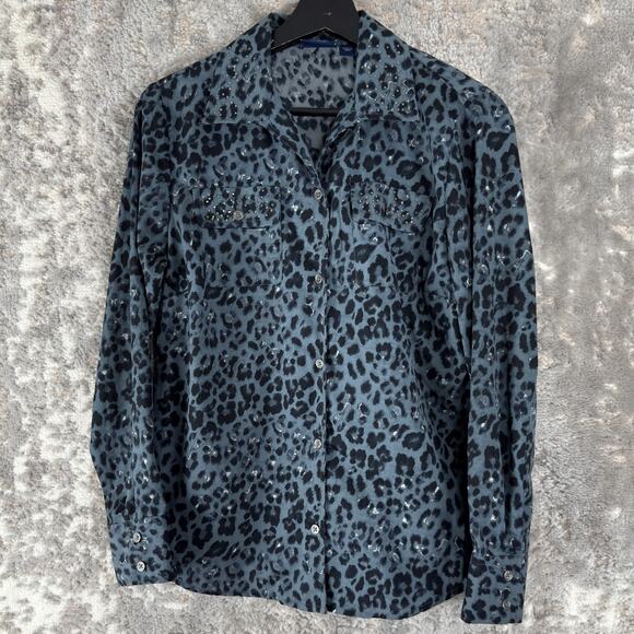 Gloria Vanderbilt Size S Leopard Print Rhinestone Casual Button Top Blue - Picture 1 of 9